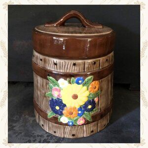 Vintage Ceramic Cookie Jar – Barrel Style with Floral Motif